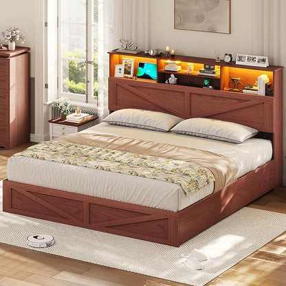 VIAGDO Farmhouse Bed Frame King Size with Bookcase Storage Headboard, Charging Station and LED Lights, Wooden King Bed Frame with 4 Drawers, Barn Door Design, No Box Spring Needed, Reddish Brown