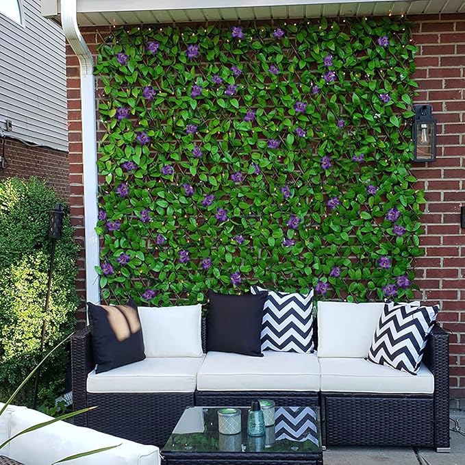 GLANT Expandable Fence Privacy Screen for Balcony Patio Outdoor,Decorative Faux Ivy Fencing Panel,Artificial Hedges (Single Sided Leaves) (4, Purple Flowers)