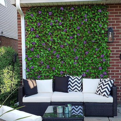 GLANT Expandable Fence Privacy Screen for Balcony Patio Outdoor,Decorative Faux Ivy Fencing Panel,Artificial Hedges (Single Sided Leaves) (4, Purple Flowers)