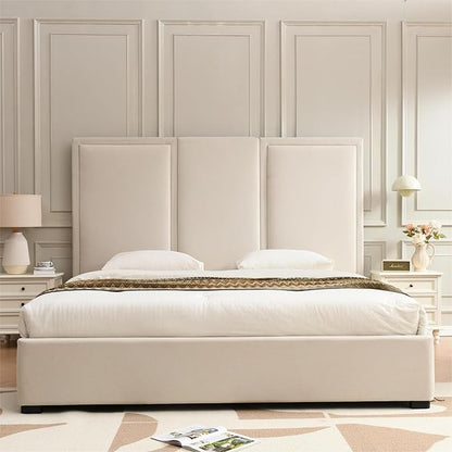 YUHUASHI King Size Bed Frame with 64-inch High Headboard, Simple and Airy Linen Upholstered Platform Bed with Storage Drawers, Wood Slat, No Noise (Beige, King)