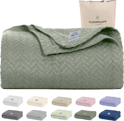 Cloud Scape Linen 100% Cotton Blanket 92x92 Olive Green - Cozy Herringbone Weave, Fits Up to for Full Size Beds, Breathable Softness, All-Season Warmth, Winter Blanket, for Women