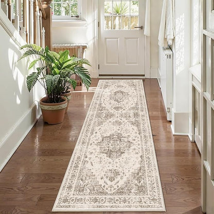 2x6 Hallway Washable Runner Rug Vintage Non-Slip Soft Kitchen Mat Boho Medallion Distressed Farmhouse Carpet Floral Low Pile Indoor Throw Rug for Entryway Bathroom Living Room Bedroom, Taupe