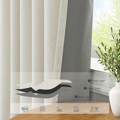 Pitalk Cold Weather Thermal Curtains Farm House Boho Black Out Room Darkening Insulated Linen Blackout Winter Curtain 102 Inch Long for Living Room Bedroom 2 Panels Set Off White Cream 42 x 102 Length