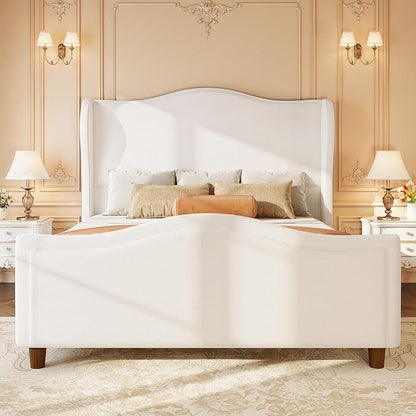 koorlian King Size Bed Frame Chenille Fully Upholstered Bed with Headboard and Footboard, 51" High Tufted Wingback Sleigh Upholstered Platform Bed, Modern Retro Minimalist Style, Easy Assembly, Cream