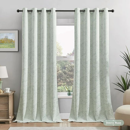 Beauoop Green Floral Jacquard Blackout Curtains 84 Inches Long 2 Panels for Bedroom Living Room Sage Flower Chenille Room Darkening Thermal Insulated Soundproof Grommet Window Treatments Drapes, 52x84