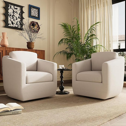 360° Swivel Accent Chair Set of 2 with Pillow - Comfy Living Room Armchair No-Sag Foam & Sturdy Metal Base, Fully Assembled Swivel Accent Single Sofa for Bedroom Living Room, Office, Beige