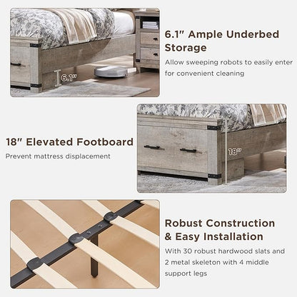 T4TREAM Farmhouse King Size Bed Frame with 54" Tall Geometric Headboard & 2 Large Storage Drawers, Rustic Wood Platform Bed with Wood Slats Support, No Box Spring Needed, Light Rustic Oak