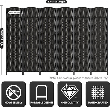 6 Panel Room Divider,6Ft Folding Privacy Screen,Tall - Extra Wide Foldable Panel Partition Wall Divider with Diamond Double-Weaved Hand-Woven Design Room Screen Divider