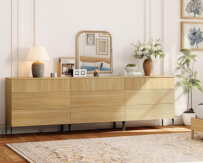 WAMPAT 94.5" W Fluted Dresser for Bedroom, Modern 9 Drawer Dresser TV Stand with Hidden Handles, Wooden Chest of Drawers Closet Clothes Storage Organizer for Bedroom, Living Room, Oak
