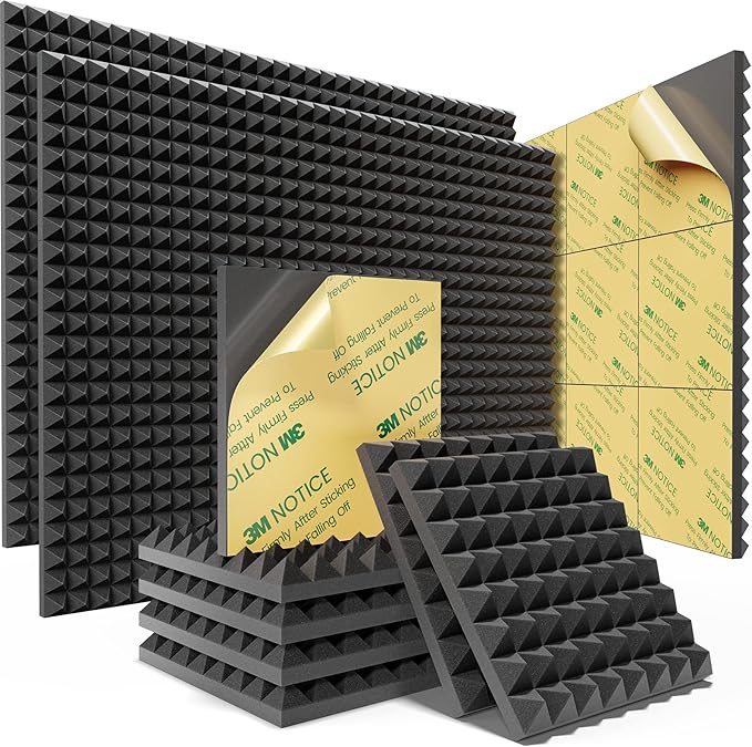 Sonicism Acoustic Panels Self-Adhesive Pyramid 48 Pack,12" X 12" X 1" Sound Proof Foam Panels for Walls Fast Expand,35kg/m³ High Density Soundproof Wall Panels,Sound Absorption and Decoration(Black)