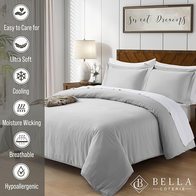 Bella Coterie Luxury Bamboo Viscose California King Size Duvet Cover Set | 100% Organically Grown | Corner Ties | Ultra Soft | Cooling | Two Pillow Shams | 106 x 94 | No Insert [Grey Mist]
