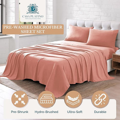 Casa Platino Bedding Sheets & Pillowcases, Pre-Washed Ultra Soft & Breathable Bed Sheets Twin, Brushed Microfiber Sheet Set, Fade Resistant Twin Size Sheets Set with Deep Pockets - Rose Dawn