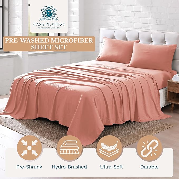 Casa Platino Bedding Sheets & Pillowcases, Pre-Washed Ultra Soft & Breathable Bed Sheets Twin XL, Brushed Microfiber Sheet Set, Fade Resistant Twin XL Size Sheets Set with Deep Pockets - Rose Dawn