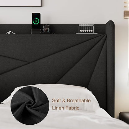 Full Size Upholstered Bed Frame with Charging Station, Platform Bed Frame with Storage Headboard, Solid Wood Slats Support, No Box Spring Needed, Black