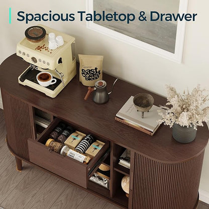 LINSY HOME Sideboard Buffet Cabinet with Storage, 55" Fluted Coffee Bar Cabinet with Tambour Sliding Doors and Drawer, Mid Century Modern Wood Storage Buffet Table for Kitchen, Living Room, Walnut | with Storage, Fluted, Coffee Bar Cabinet, Drawer, Mid...
