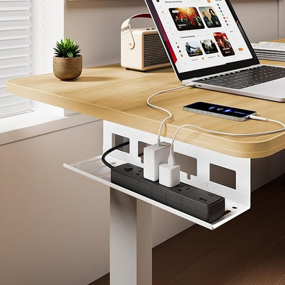Under Desk Cable Management Tray, 15.7 Inches Metal Cord Organizer Rack, Desk Tray for Power Strip, Cord, Wire, Easy Mounting Cable Management Under Table for Home Office, White