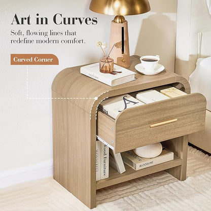 Night Stand Set of 2 [Unique Curved Profile] [FSC-Certified Wooden Board] 1-Drawer and 1 Storage Shelf Nightstand 24" H Metal Handle Modern Bedside Table