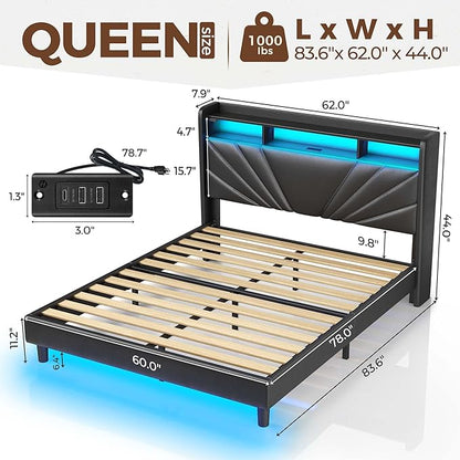 Rolanstar Queen Size Bed Frame, Storage Headboard with Charging Station and LED Lights, Upholstered Bed with Heavy Duty Wood Slats, No Box Spring Needed, Noise Free, Easy Assembly, Black