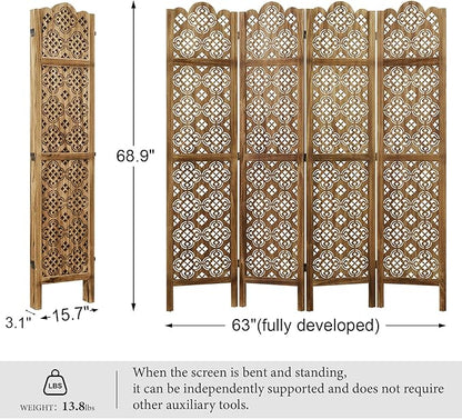 68.9Inch Folding Room Divider, 4 Panels Wood Carved Privacy Screens - Ideal Decorative Partition for Home, Office, Restaurant, Bedroom (Dark Brown)