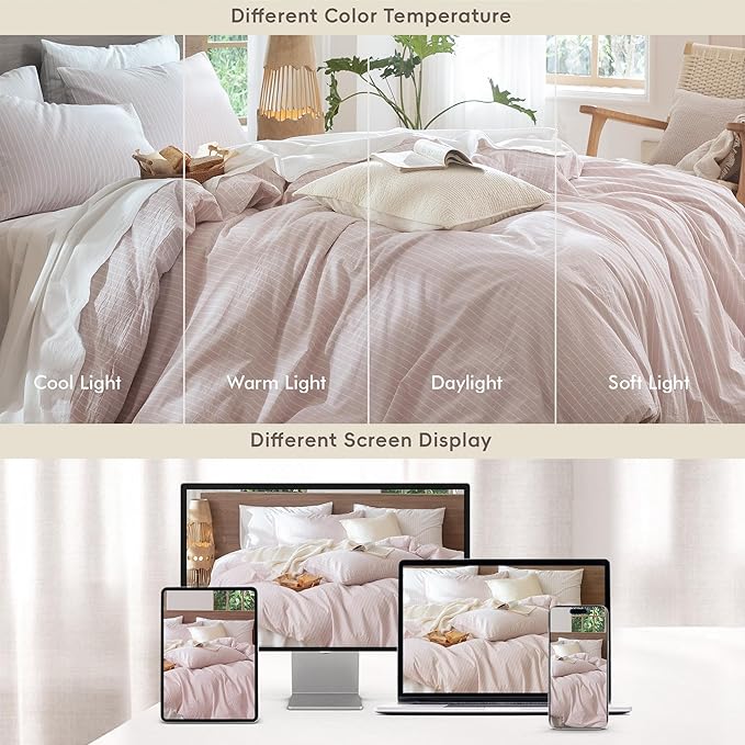MooMee Striped Duvet Cover Set 100% Washed Cotton Linen Like Textured Breathable Durable Soft Comfy (Heathered Greyish Pink White Wide Stripes, Twin 68"x90")