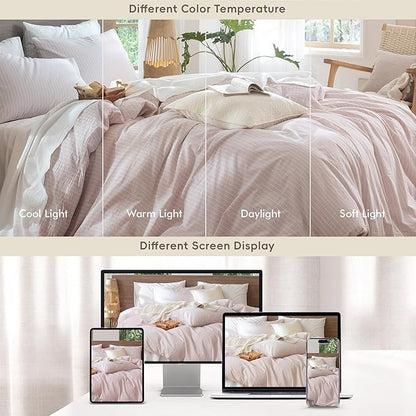 MooMee Striped Duvet Cover Set 100% Washed Cotton Linen Like Textured Breathable Durable Soft Comfy (Heathered Greyish Pink White Wide Stripes, Twin 68"x90")
