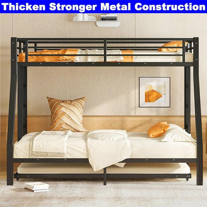 Upgraded Version Thicken Heavy Duty Metal Twin Over Full Bunk Bed with Twin Size Trundle, Modern Style Stronger Bunk Bed Frame Twin Over Full Size for Adults, Easy Assembly (Twin/Full)