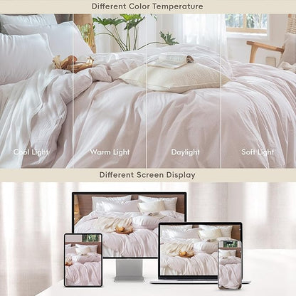 MooMee Striped Duvet Cover Set 100% Washed Cotton Linen Like Textured Breathable Durable Soft Comfy (Heathered Greyish Pink Pinstripes, Oversized Full 82"x86")