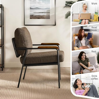 VINGLI Mid-Century Modern Accent Armchiar for Small Space, Small Comfy Upholstered Leisure Reading Chair with Wood Armrest for Bedroom, Living Room, Waiting Room, Linen Expresso