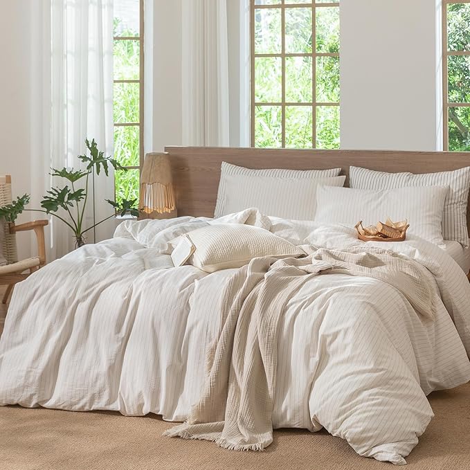 MooMee Striped Duvet Cover Set 100% Washed Cotton Linen Like Textured Breathable Durable Soft Comfy (White Almond Milk Grey Wide Stripes, Oversized Full 82"x86")