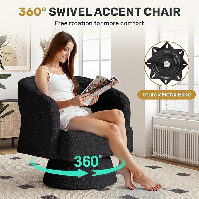 Swivel Accent Chair, Modern Comfy Teddy Barrel Chairs, Oversized Upholstered Round Arm Chair for Living Room, Bedroom, Reading Room, Black, 1 PCS