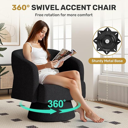 Swivel Accent Chair Set of 2, Modern Comfy Teddy Barrel Chairs, Oversized Upholstered Round Arm Chair for Living Room, Bedroom, Reading Room, Black