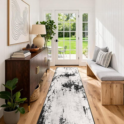 3x6 Kitchen Hallway Runner Rug: Long Washable Rug Runner Non-Slip Indoor Abstract Rugs - Low Pile Soft Floor Runners for Bedroom Living Room Dining Entryway Bathroom Laundry Black White 3x6
