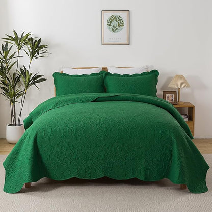 HoneiLife King Size Quilt Sets - 3 Piece Microfiber Quilt Set Lightweight Bedspreads Reversible Coverlets Rustic Bed Cover King Quilt Bedding Set All Season Quilts-Green