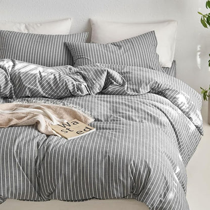 MooMee Striped Duvet Cover Set 100% Washed Cotton Linen Like Textured Breathable Durable Soft Comfy (Dark Grey White Wide Stripes, Queen 90"x90")