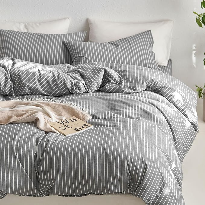 MooMee Striped Duvet Cover Set 100% Washed Cotton Linen Like Textured Breathable Durable Soft Comfy (Dark Grey White Wide Stripes, Palatial King/Oversized King 120"x98")