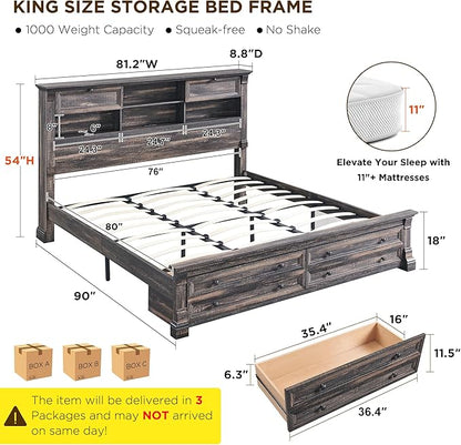 Farmhouse King Size Bed Frame with 54" Tall Headboard, Headboard with 4 Storage Rack, 2 Drawers, 18" Roman Column Decoration Footboard, Wood Platform Bed Frame, No Box Spring Needed(Dark Rustic Oak)