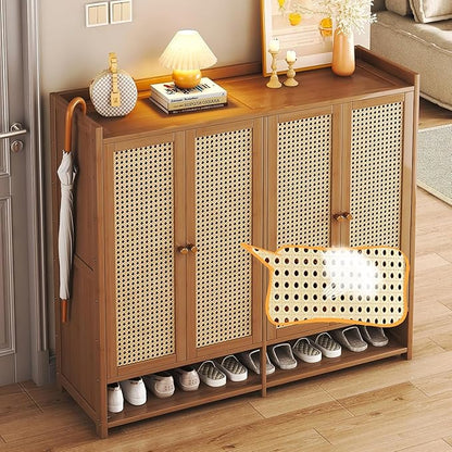 Bamboo Shoe Cabinet, 36-40 Pairs 8 Tier Shoe Rack with Doors, Freestangding Shoe Cabinet Organizer with Shelves, 43" Tall Shoe Rack Organizer for Entryway, Closet, Hallway