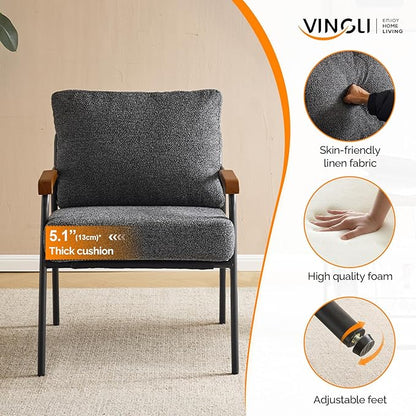 VINGLI Mid-Century Modern Accent Armchiars Set of 2 for Small Space, Small Comfy Upholstered Leisure Reading Chairs with Wood Armrests for Bedroom, Living Room, Waiting Room, Linen Grey