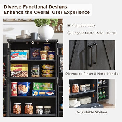 ACCOHOHO 47" Kitchen Pantry, Farmhouse Storage Cabinet with Barn Doors, Organizer and Adjustable Shelves, Rustic Wood Cupboard for Kitchen, Dining Room, Bathroom and Hallway, Black