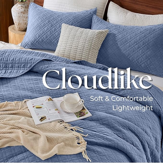 DOWN HOME Queen Quilt Set with Shams Lightweight Quilted Bedspread Coverlet Thin Comforter Bed Cover Vintage Washed Quilted Blanket for All Season, Brushed Microfiber Diamond Stitching, Blue, 88"x92"