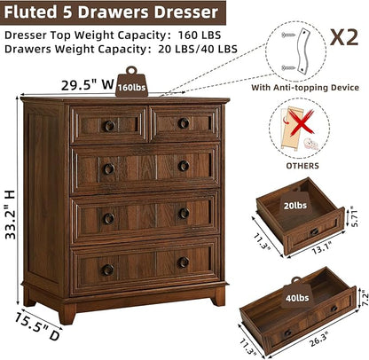 Farmhouse 5 Drawer Dresser for Bedroom, 33.2" Tall Small Dressers & Chest of Drawers, Rustic Wood Dresser with Metal Handle, Storage Organizer Closet for Living Room, Hallway, Entryway