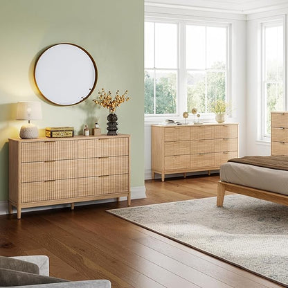 LINSY Fluted Dresser for Bedroom with 6 Drawers, Mid Century Modern Chest of Drawers with Gold Metal Handles, Wide Boho Wood Dressers, Large Farmhouse Storage Cabinet for Bedroom, Living Room, Oak