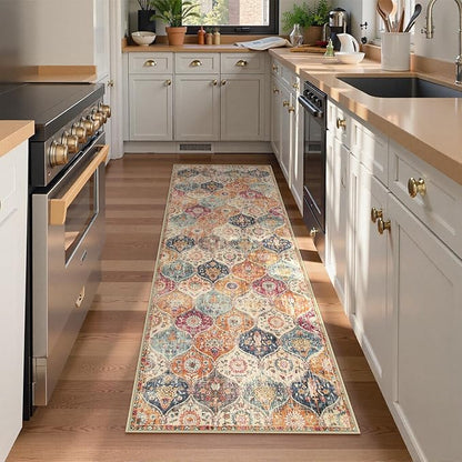 Lahome Moroccan Hallway Runner Rug, 2'5''x8' Ultra-Thin Washable Runners for Hallways Kitchen, Oriental Laundry Room Rug Non-Slip Vintage Long Carpet for Entryway Bedroom Bathroom, Cream/Multi
