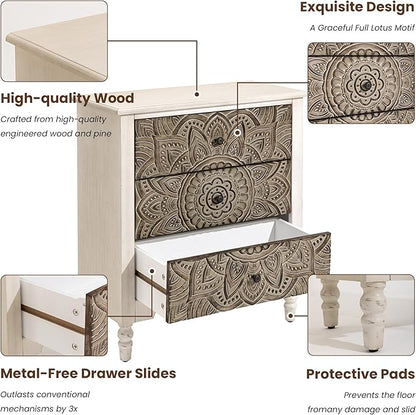 COSIEST 3 Drawers Nightstand Set of 2, Accent Dresser, 29'' Tall Wood Vintage Small Accent Chest, Bedside Table,Bedroom Furniture for Home, Entryway (Lotus Pattern)