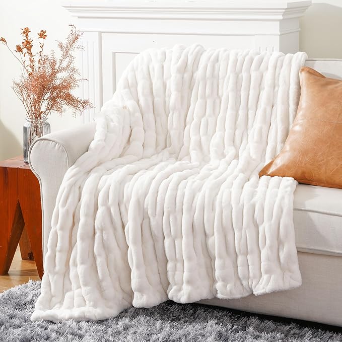 BATTILO HOME Cream Faux Fur Throw Blanket, Double Side Ruched Rabbit Fur Blanket for Couch, Bed, Super Soft Cozy Fuzzy Mink Blanket, 50"x60"(Ivory)