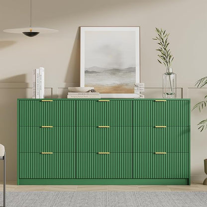 Green Dresser for Bedroom, Modern Dresser with 9 Drawers and Smooth Slides, Wide Chest of Drawers with Golden Handles for Bedroom, Living Room, Closet, 15.7" D x 63" W x 31.5" H