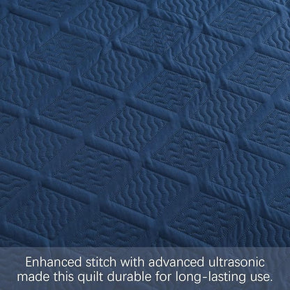 Yiran Navy Blue Quilt Set King Size Fall Bedspreads Embossed Diamond Pattern 3 Piece Soft Microfiber Coverlet Set for All Season with 2 Pillow Shams (106x96 Inch)