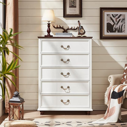 Farmhouse 5 Drawer Dresser Set of 2 for Bedroom, 45" Tall Rustic Chests of Drawers w/ 4 Solid Wood Feet, Mid Century Vintage Wooden Closet Storage Dressers Organizer for Living Room, White