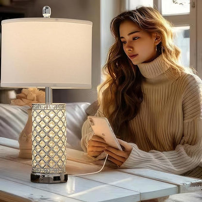 Crystal Table Lamps Set of 2, 3-Way Dimmable Bedside Lamp with 2 USB Ports & AC Outlets for Living Room Bedroom Nightstand Lamp Night Light (Silver- 2 Pack 24In)