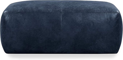 POLY & BARK Denver Ottoman – 43" Large Pouf with Feather-Down Topper – Full-Grain Leather Upholstered Pouf Ottoman for Living Room – Vintage Italian Leather in Midnight Blue